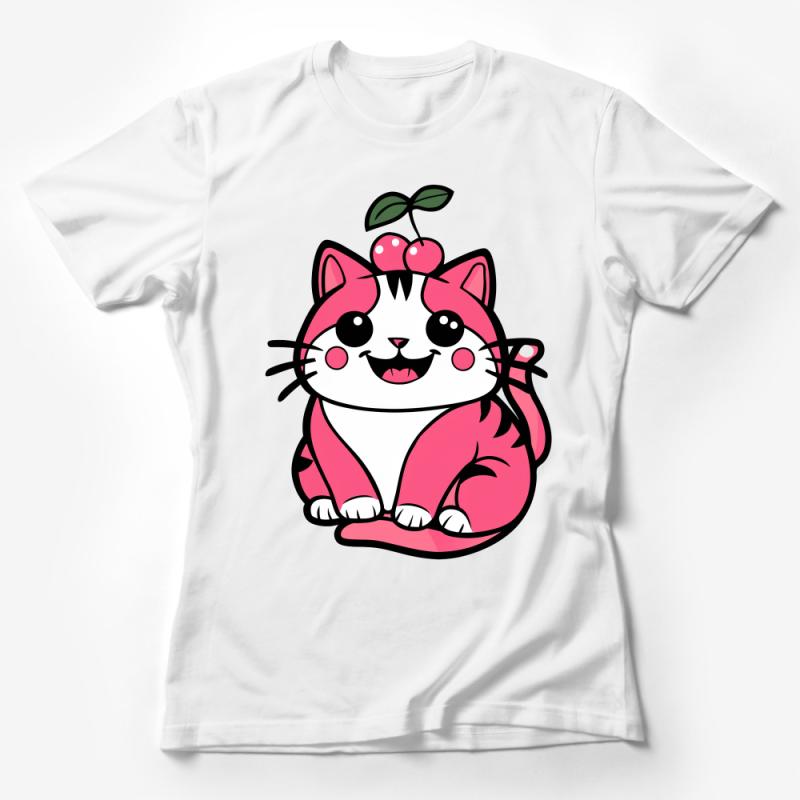 Cute Cherry Cat T-Shirt, Kawaii Cartoon Cat Tee, Unisex Graphic Shirt, Casual Comfortable Cotton Top, Fashion Apparel, Animal Lover Gift Female T-Shirt