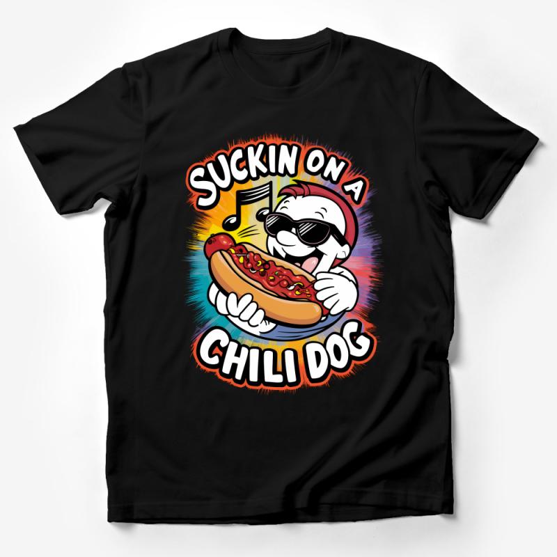 Funny Hot Dog T-Shirt, Cartoon Dog Eating Chili Dog, Casual Graphic Tee, Unisex Summer Top, Novelty Food Lover Shirt, Cool Sunglasses Music Note Design Male T-Shirt