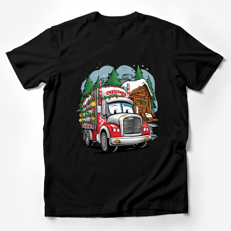 Festive Christmas Truck T-Shirt, Xmas Tree Hauling Tee, Holiday Season Full of Joy, Winter Scene Top, Cozy Cabin Apparel Gift for Everyone Male T-Shirt