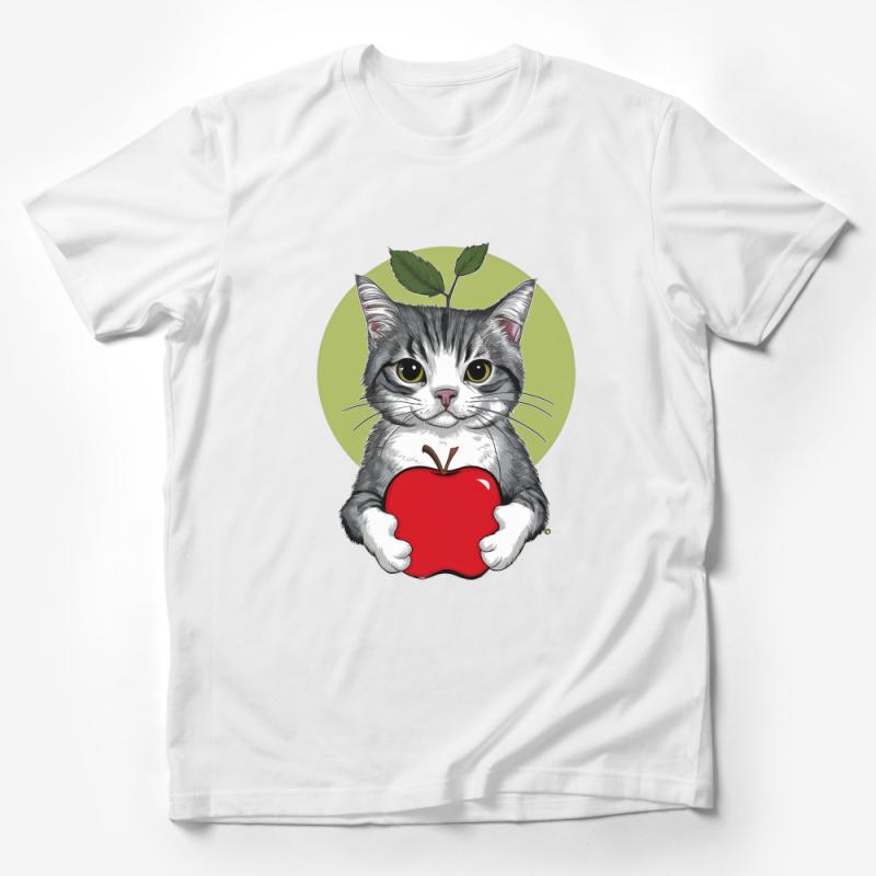 Cat With Apple T-Shirt, Cute Kitten Illustration Tee, Whimsical Cat Lover Gift, Unisex Graphic Shirt, Fun Animal Art Top, Unique Pet Clothing Male T-Shirt