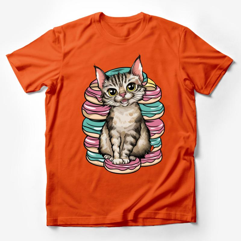 Cute Cat Illustration T-Shirt, Whimsical Kitten Graphic Tee, Colorful Doughnut Stack, Animal Lover Gift Idea Male T-Shirt