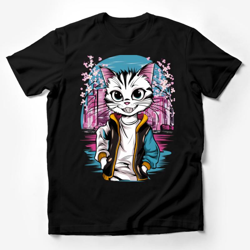 Cute Cat T-Shirt with Cartoon Kitty and Cherry Blossoms, Urban Streetwear Style, Unisex Graphic Tee, Perfect Gift for Cat Lovers Male T-Shirt