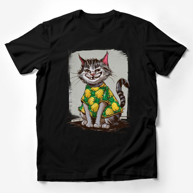 Smiling Cat in Pineapple Shirt Cute Illustrated T-Shirt, Unisex Graphic Tee for Cat Lovers, Casual Animal Print Top Male T-Shirt