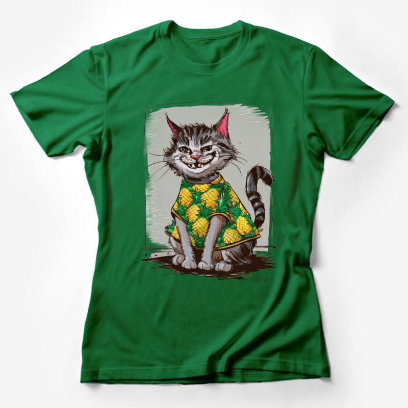 Smiling Cat in Pineapple Shirt Cute Illustrated T-Shirt, Unisex Graphic Tee for Cat Lovers, Casual Animal Print Top Female T-Shirt