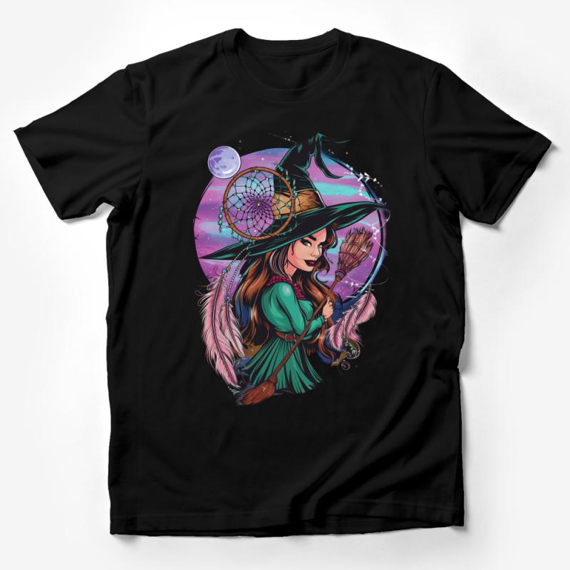 Witchy Aesthetic T-Shirt, Cosmic Witch with Broom, Dreamcatcher, Fantasy Art Tee, Moon Phase, Mystical Women's Clothing Male T-Shirt