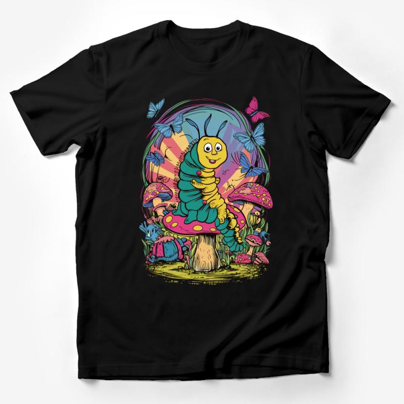 Whimsical Caterpillar Graphic Tee, Colorful Mushroom and Butterflies, Unisex Nature-Inspired T-Shirt, Unique Illustration Casual Wear Male T-Shirt