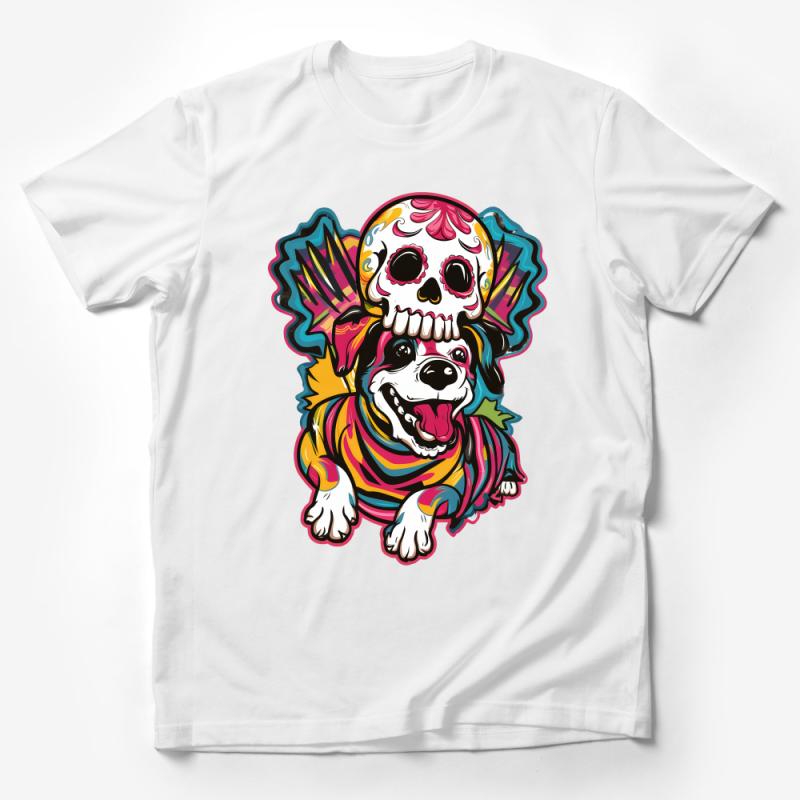 Colorful Day of the Dead Sugar Skull Dog T-Shirt, Vibrant Artistic Canine Design Tee, Unisex Graphic Shirt for Pet Lovers Male T-Shirt