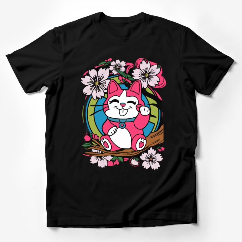 Lucky Cat T-Shirt, Maneki Neko Tee, Japanese Cherry Blossoms, Cute Cat Shirt, Asian Culture Inspired Apparel, Gift for Cat Lovers Male T-Shirt