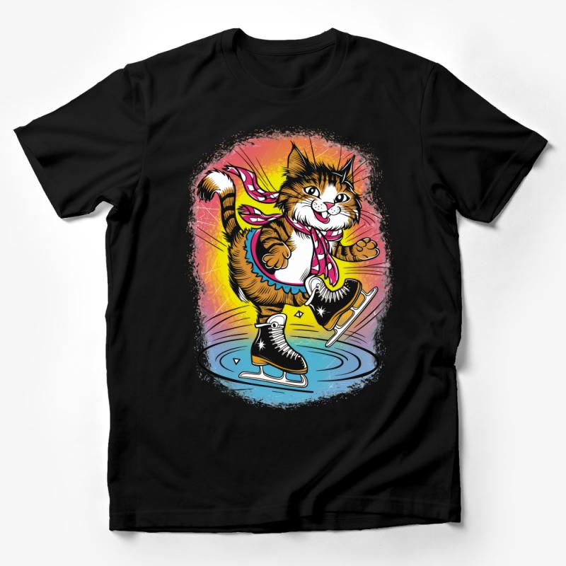 Funky Cat Ice Skating T-Shirt, Colorful Whimsical Cat Cartoon Tee, Cool Feline Skater Graphic Shirt, Unisex Gift for Cat Lovers Male T-Shirt