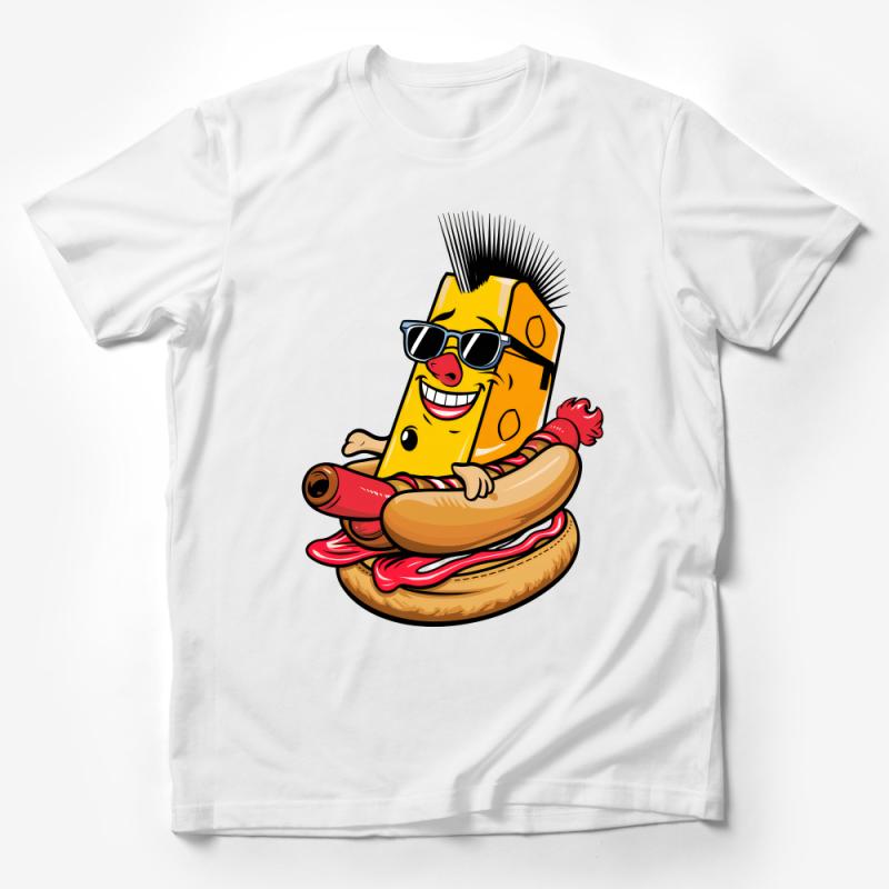 Funny Cheese Character Hot Dog T-Shirt, Unisex Graphic Tee, Foodie Shirt, Novelty Gift, Casual Wear, Cool Summer Top, Unique Design Male T-Shirt