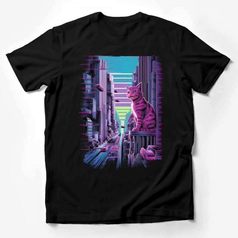 Cyberpunk Cat T-Shirt, Futuristic Cityscape Tee, Neon Pink Graphic Shirt, Urban Streetwear, Sci-Fi Clothing, Unisex Apparel Gift Male T-Shirt