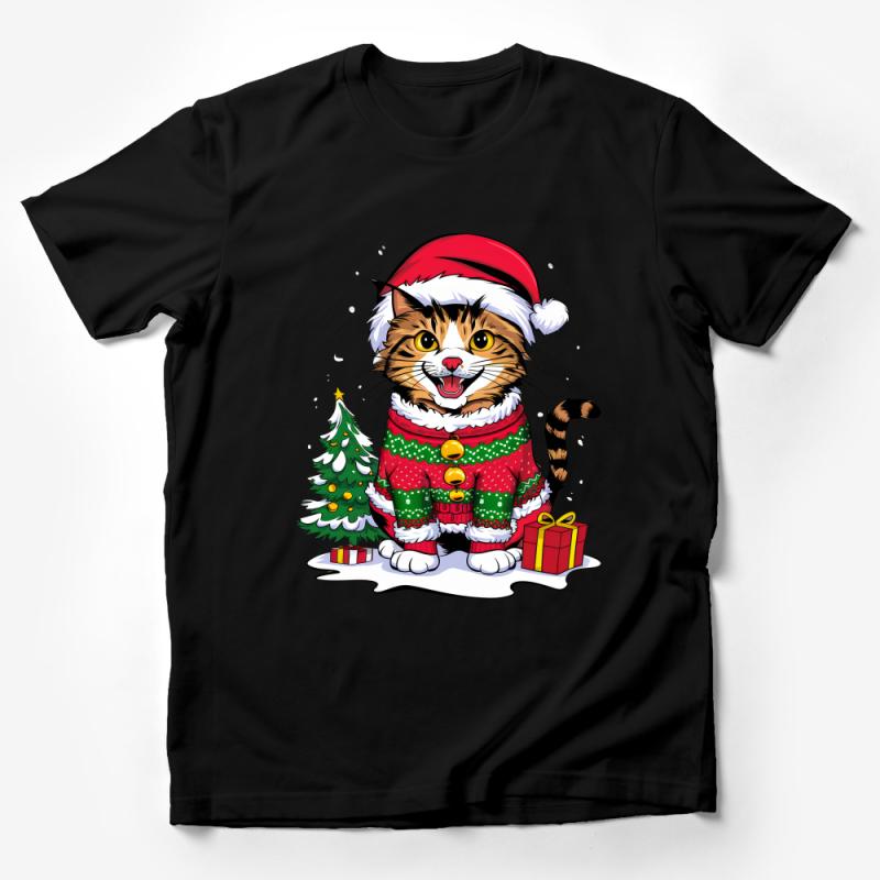 Festive Cat Christmas Tree T-Shirt, Cute Holiday Kitten Tee, Xmas Gifts, Santa Hat Cat Lover Shirt Male T-Shirt