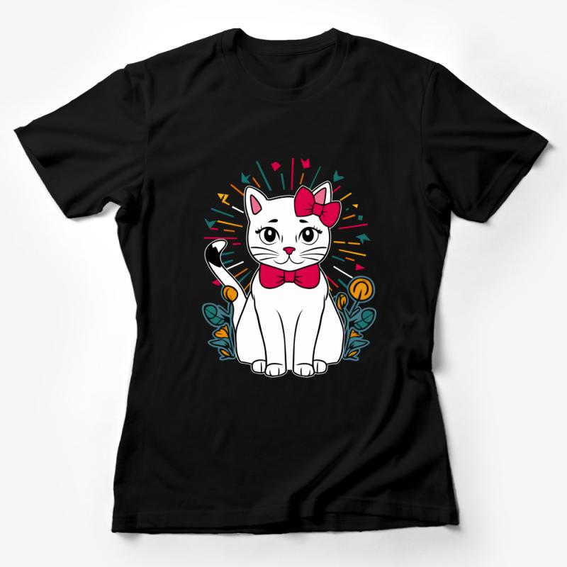 Cute Cat T-Shirt With Bow, Whimsical Kitty Tee, Colorful Cat Lover Gift, Casual Feline Apparel for All Ages Female T-Shirt