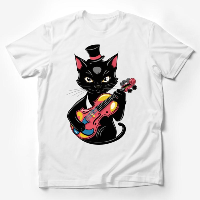 Black Cat Playing Violin T-Shirt, Cute Feline Musician Graphic Tee, Animal Lover Gift, Casual Music Themed Apparel Male T-Shirt