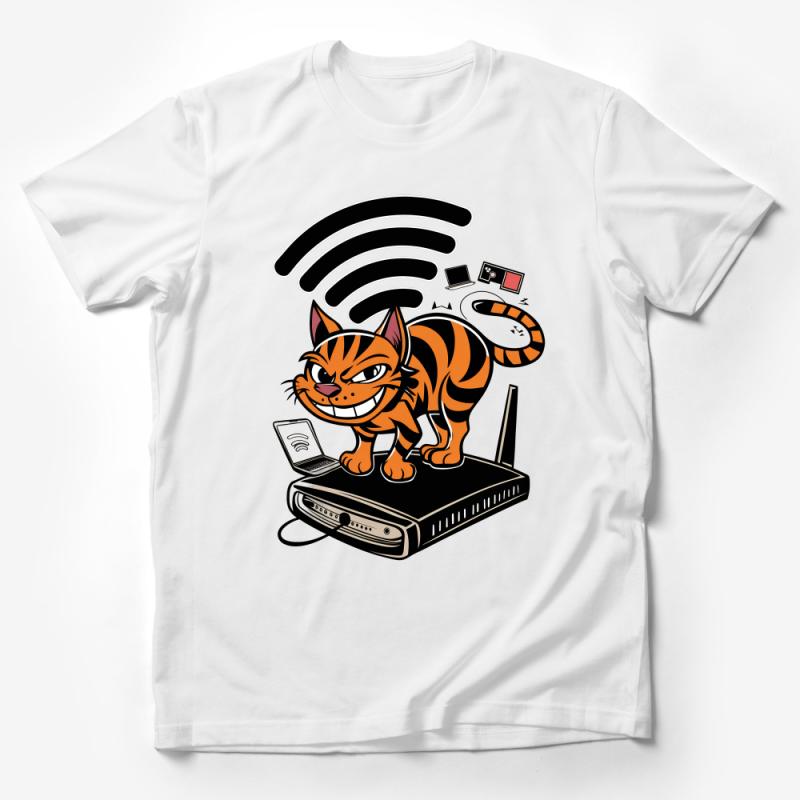 Geeky Cat T-Shirt, Internet Humor Tee, Wi-Fi Signal Feline, Laptop Tech Gift, Quirky Animal Shirt with Stripes Male T-Shirt