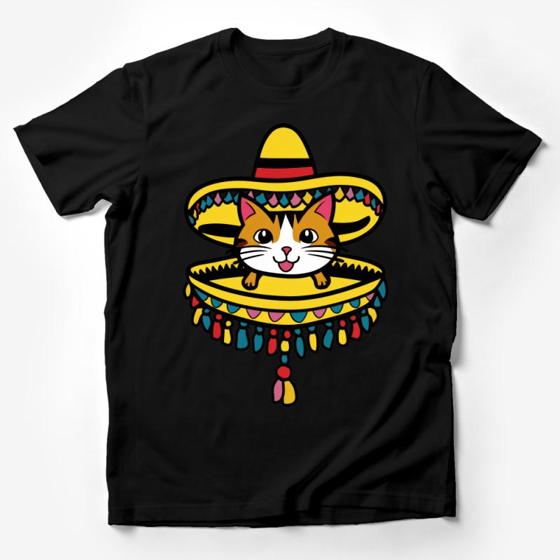 Cute Cat Sombrero T-Shirt, Colorful Fiesta Kitty Tee, Mexican Hat Cat Lover Gift, Unisex Graphic Shirt for All Ages Male T-Shirt