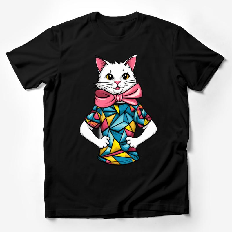 Whimsical Cat in Colorful Geometric Shirt, Unique Feline Graphic Tee, Artsy Pet Lover T-Shirt Gift Male T-Shirt