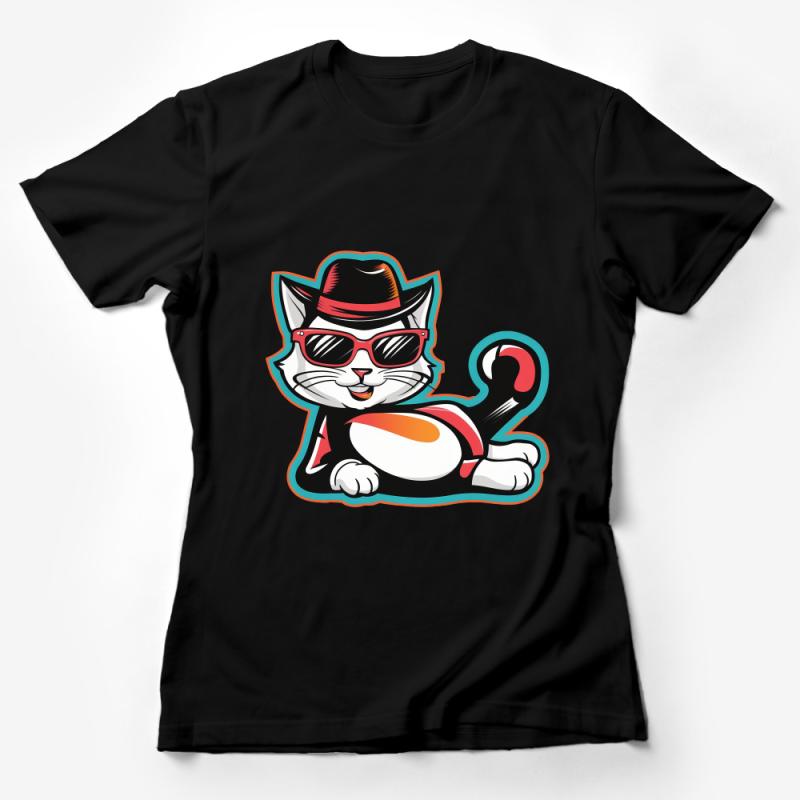 Cool Cat With Sunglasses And Hat T-Shirt, Hipster Cat Graphic Tee, Unisex Cat Lover Fashion, Animal Art Casual Wear, Unique Gift Idea Female T-Shirt