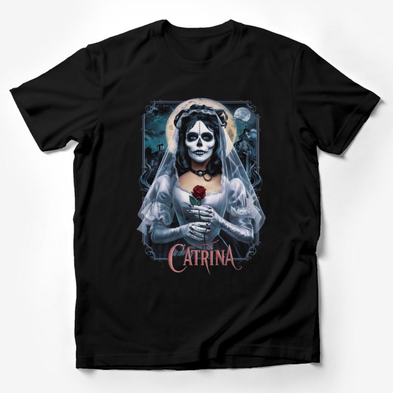 Catrina Sugar Skull T-Shirt, Day of the Dead Bride Tee, Gothic Moonlit Rose Top, Unisex Gothic Apparel, Mexican Folk Art Inspired Shirt Male T-Shirt