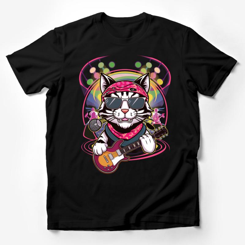 Cool Cat Musician Graphic Tee, Funky Cat Playing Guitar T-Shirt, Unisex Rock Band Animal Tee Male T-Shirt