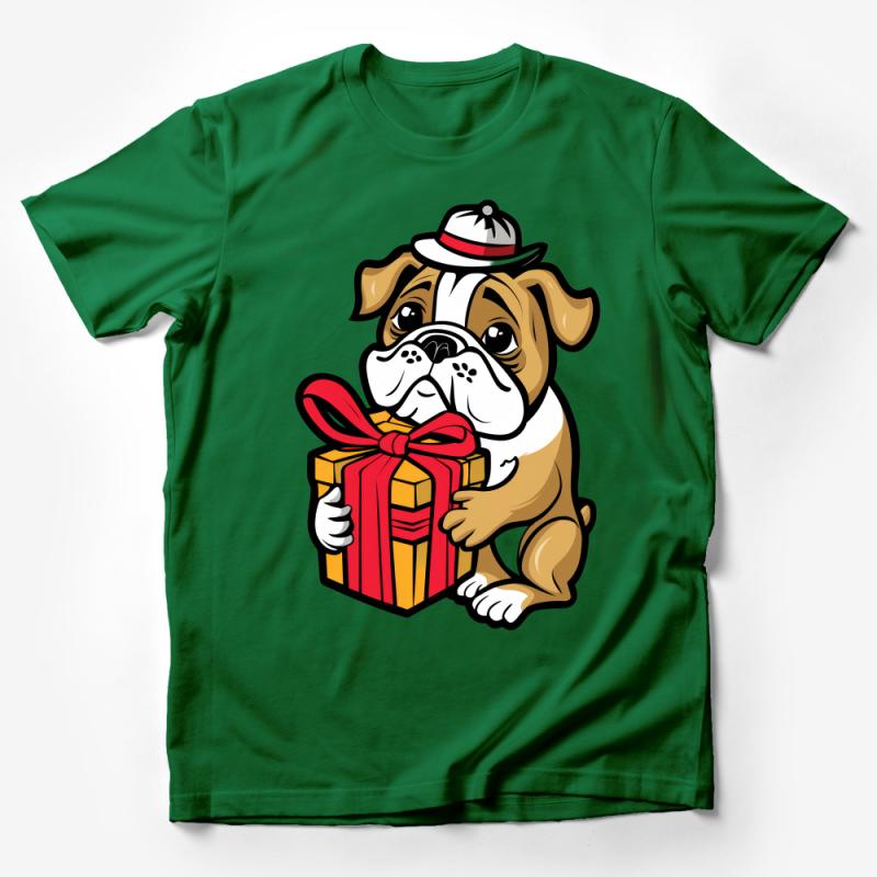 Cute Bulldog Puppy with Gift Box Graphic T-Shirt, Cartoon Dog Lover Tee, Unisex Animal Illustration Top, Pet Birthday Present Shirt Male T-Shirt