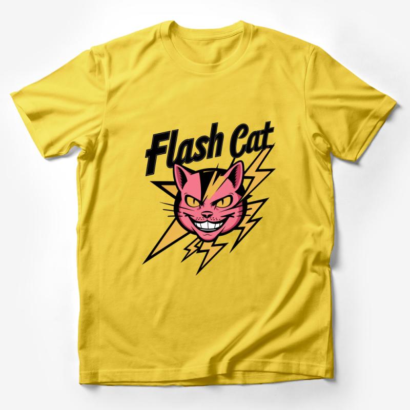 Flash Cat Cartoon T-Shirt, Bold Lightning Graphic Tee, Unisex Comic Style Shirt, Fun Feline Design Top, Casual Wear Male T-Shirt