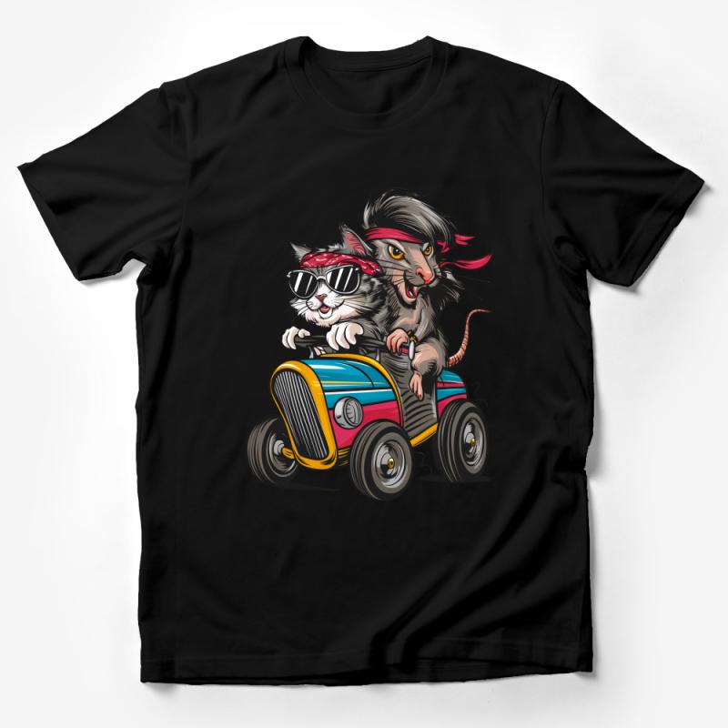 Cool Cat and Rat Riding Car Shirt, Fun Animal Cartoon Graphic Tee, Unique Pet Lovers Unisex T-Shirt Male T-Shirt