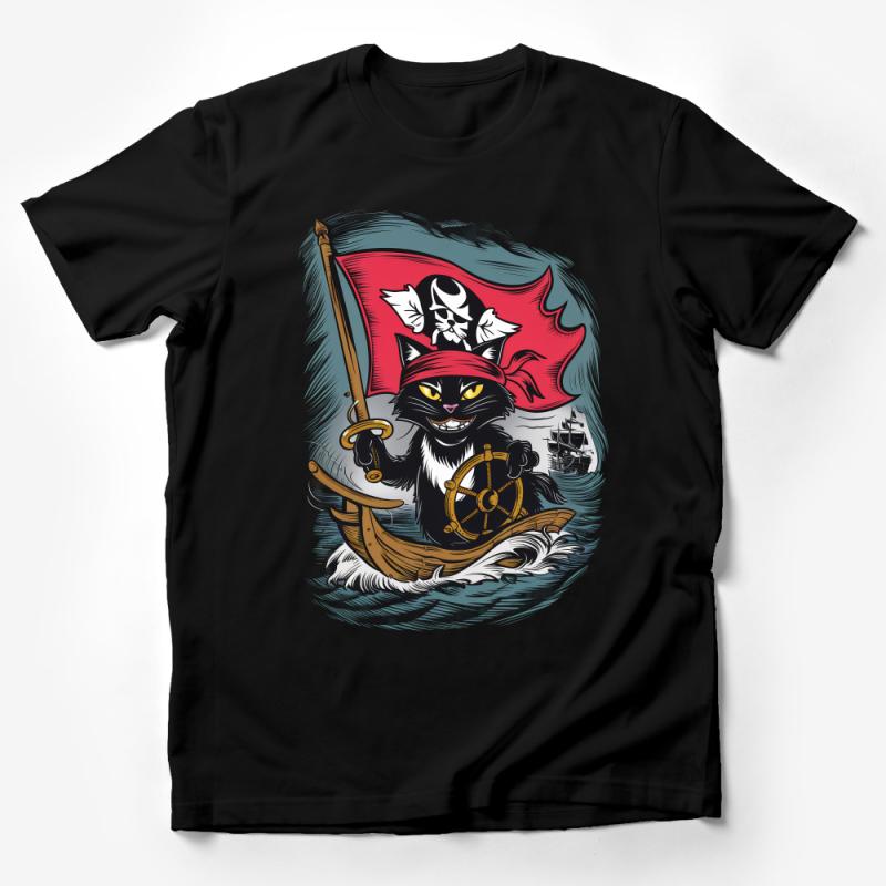 Pirate Cat T-Shirt, Funny Kitty Buccaneer Tee, Cute Animal Graphic Shirt, Unique Nautical Themed Top, Unisex Gift for Cat Lovers Male T-Shirt