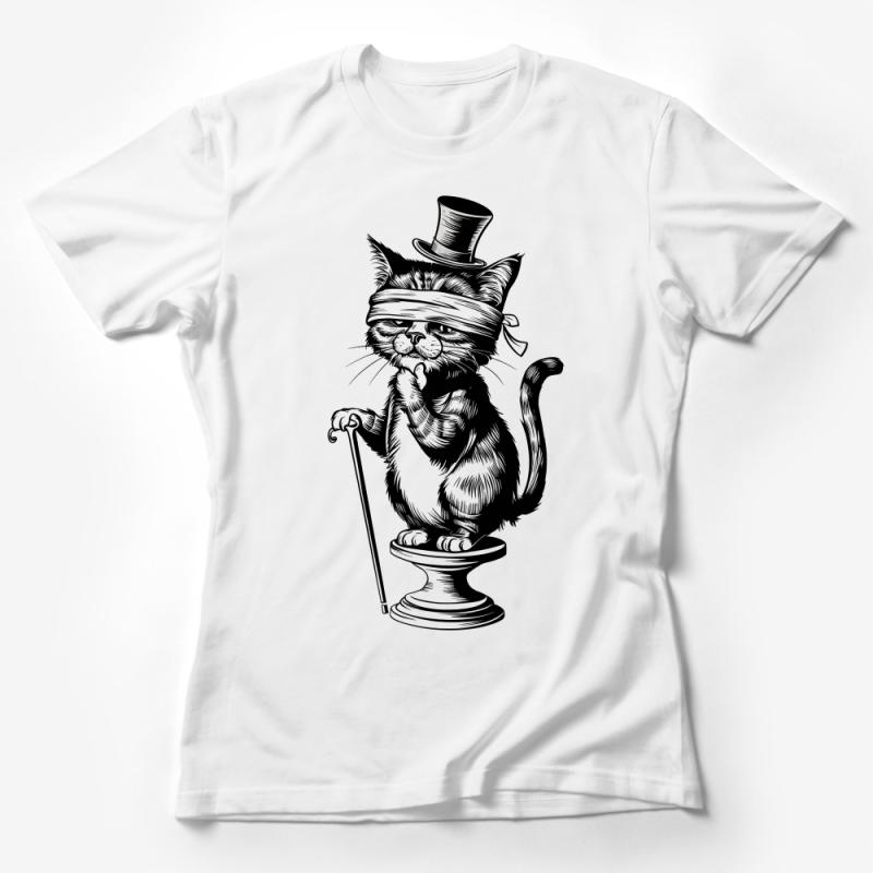 Vintage Cat Gentleman T-Shirt, Quirky Animal Top Hat Tee, Unique Feline Illustration Shirt, Hipster Cat Lover Gift Female T-Shirt