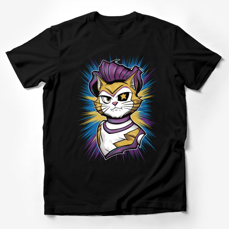 Cool Superhero Cat T-Shirt, Comic Style Feline Tee, Star-Caped Kitty Shirt, Unisex Graphic Tee for Cat Lovers, Casual Wear Male T-Shirt