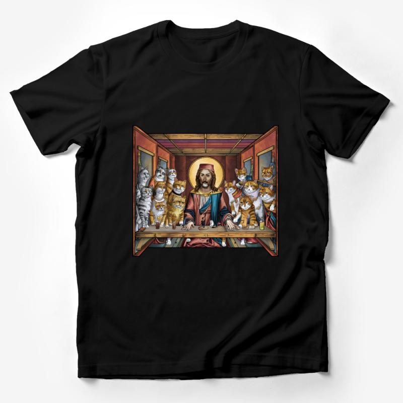 Quirky Cat Lover T-Shirt, Jesus and Cats Last Supper Parody, Funny Religious Art Tee, Unique Cat Owner Gift Male T-Shirt