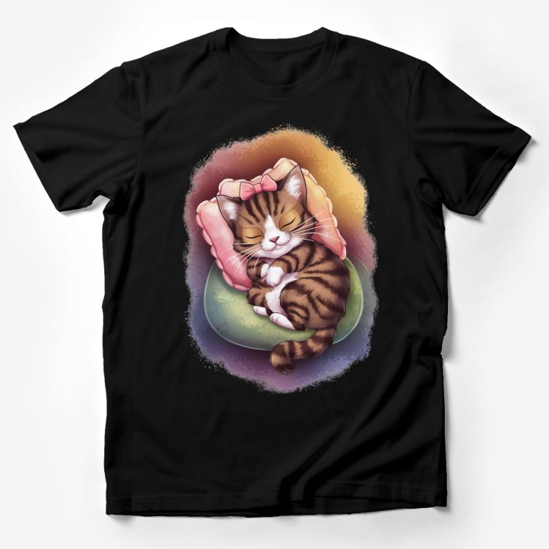 Cute Cat Sleeping with Bow Graphic Tee, Adorable Kitten Illustration T-Shirt, Pet Lover Casual Clothing, Unique Feline Art Male T-Shirt