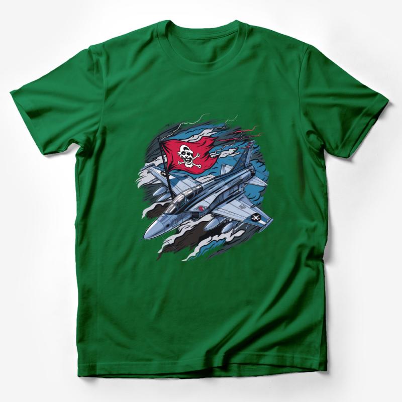 Unique Pirate Skull Jet Fighter Graphic T-Shirt, Men's Cool Aerial Combat Tee, Aviation Enthusiast Apparel with Bold Design Male T-Shirt