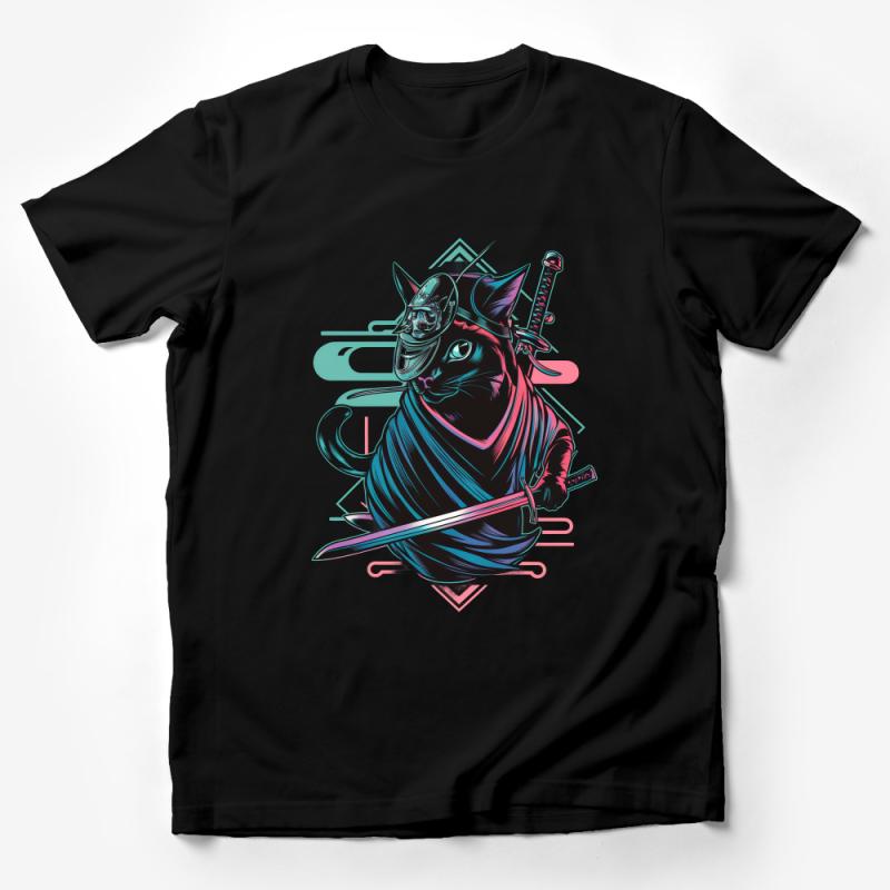 Samurai Cat T-Shirt, Cool Feline Warrior Tee, Unique Graphic Design Shirt, Unisex Cat Lover Gift Male T-Shirt