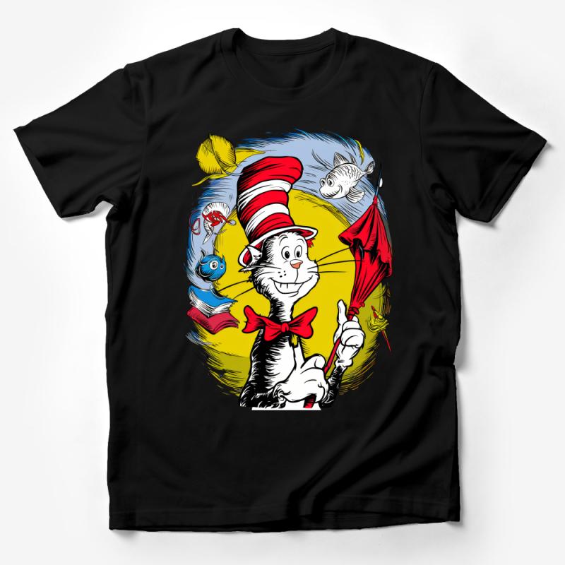 Whimsical Cat in Hat Cartoon T-Shirt, Classic Storybook Character Tee, Unisex Clothing for All Ages Male T-Shirt