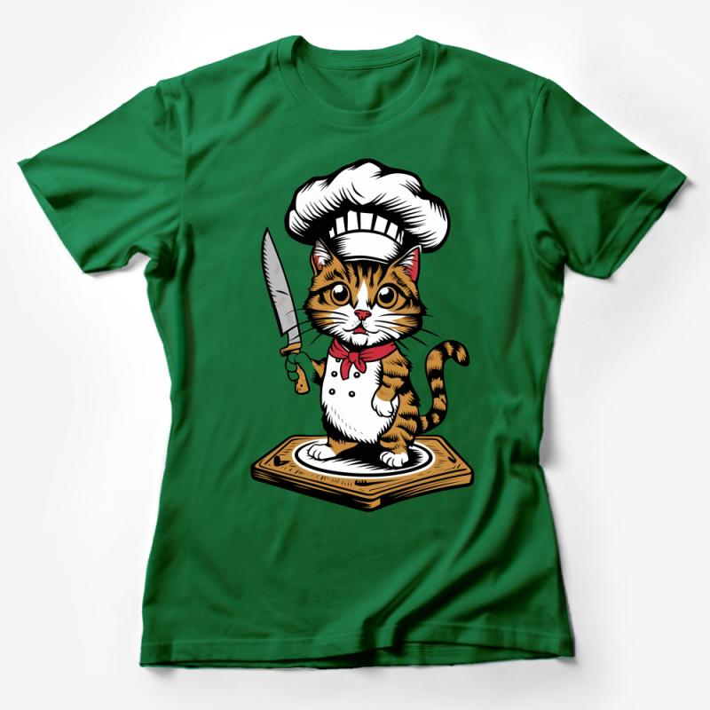 Chef Cat T-Shirt, Cute Cooking Kitty with Knife, Animal Chef Graphic Tee, Funny Kitchen Cat Lover Gift, Unisex Adult Clothing Female T-Shirt