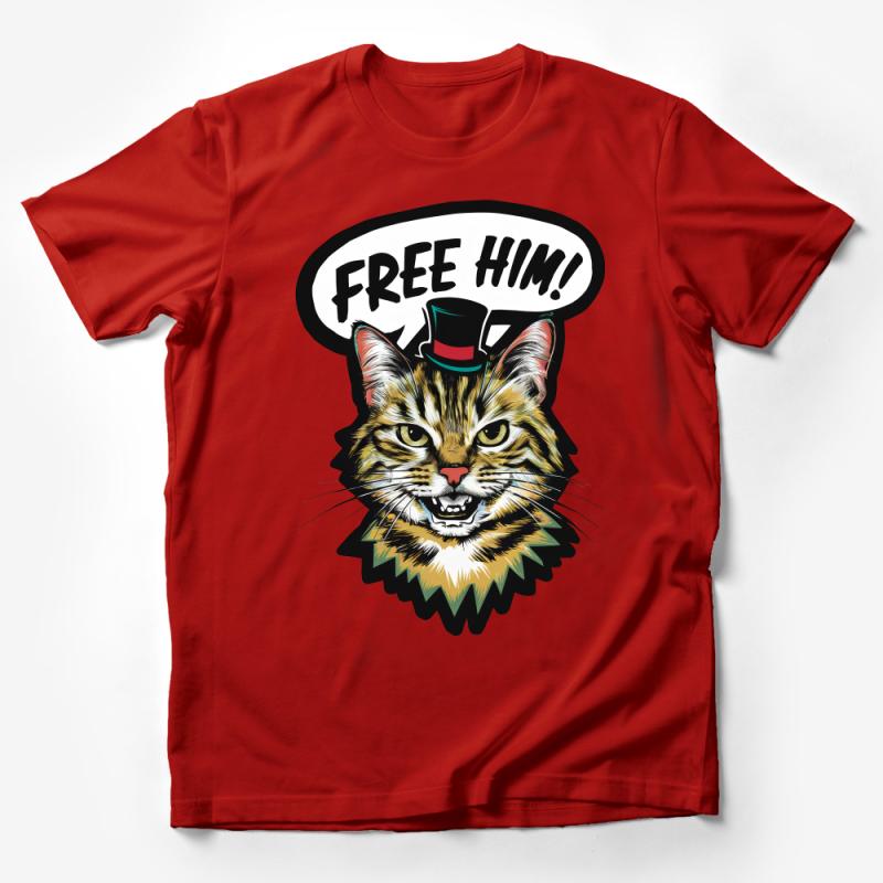 Cat T-Shirt with Top Hat, FREE HIM! Slogan, Funny Cat Lover Tee, Graphic Feline Shirt, Unique Pet Clothing, Casual Streetwear Male T-Shirt