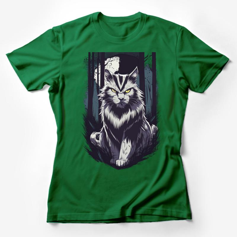 Majestic Forest Cat Tee, Mystical Feline Graphic T-Shirt, Wild Animal Lover Apparel, Unisex Nature Inspired Shirt Design Female T-Shirt