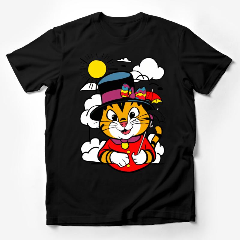 Colorful Cartoon Cat T-Shirt, Whimsical Feline in Hat Graphic Tee, Unisex Kids and Adult Sizes Male T-Shirt