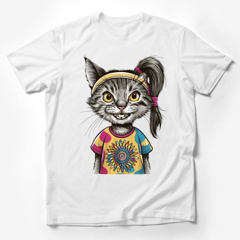 Whimsical Cat in Tie-Dye Shirt, Cute Graphic Tee, Feline Lover Casual Wear, Unisex T-Shirt Male T-Shirt