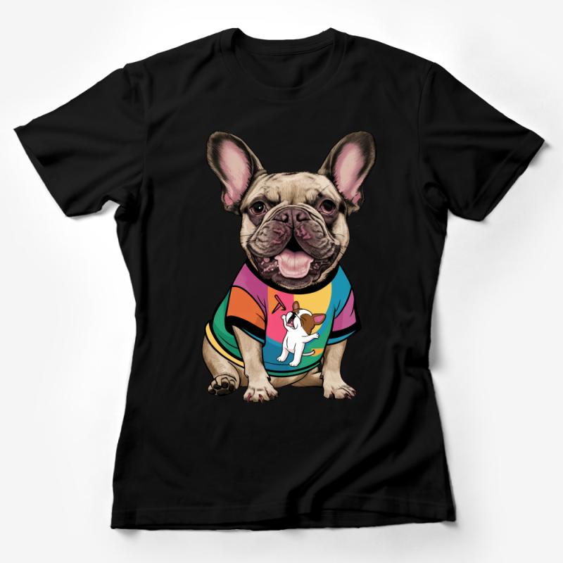 Funny French Bulldog T-Shirt, Colorful Dog in Striped Tee, Cartoon Frenchie Lover Gift, Unisex Animal Graphic Shirt, Cute Pet Apparel Female T-Shirt