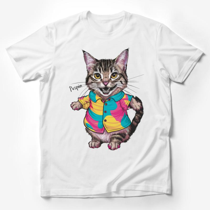 Whimsical Cat in Jacket T-Shirt, Colorful Kitty Tee, Unique Feline Art Clothing, Unisex Adult Cartoon Cat Shirt, Gift for Cat Lovers Male T-Shirt