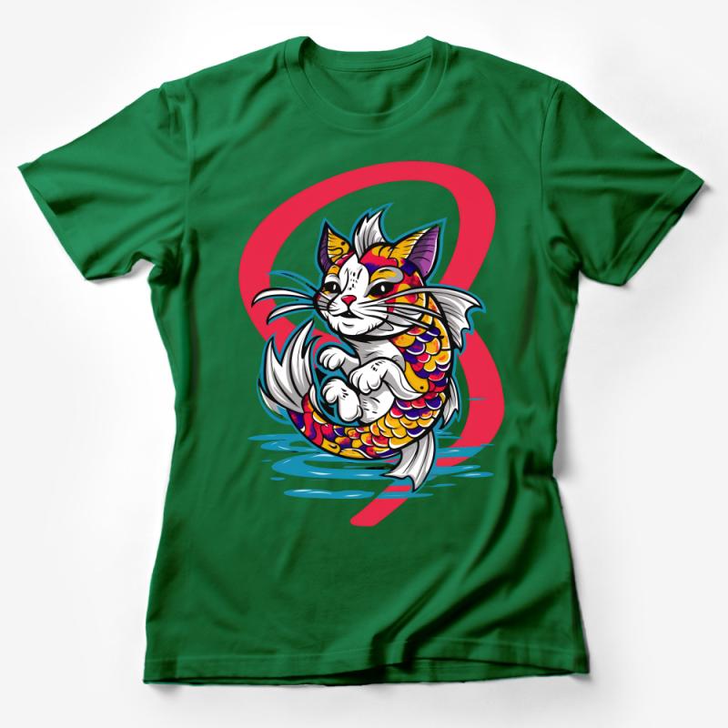 Colorful Koi Fish Cat Fusion Graphic T-Shirt, Unisex Cotton Tee, Quirky Animal Art Shirt, Unique Pet Lover Gift Female T-Shirt