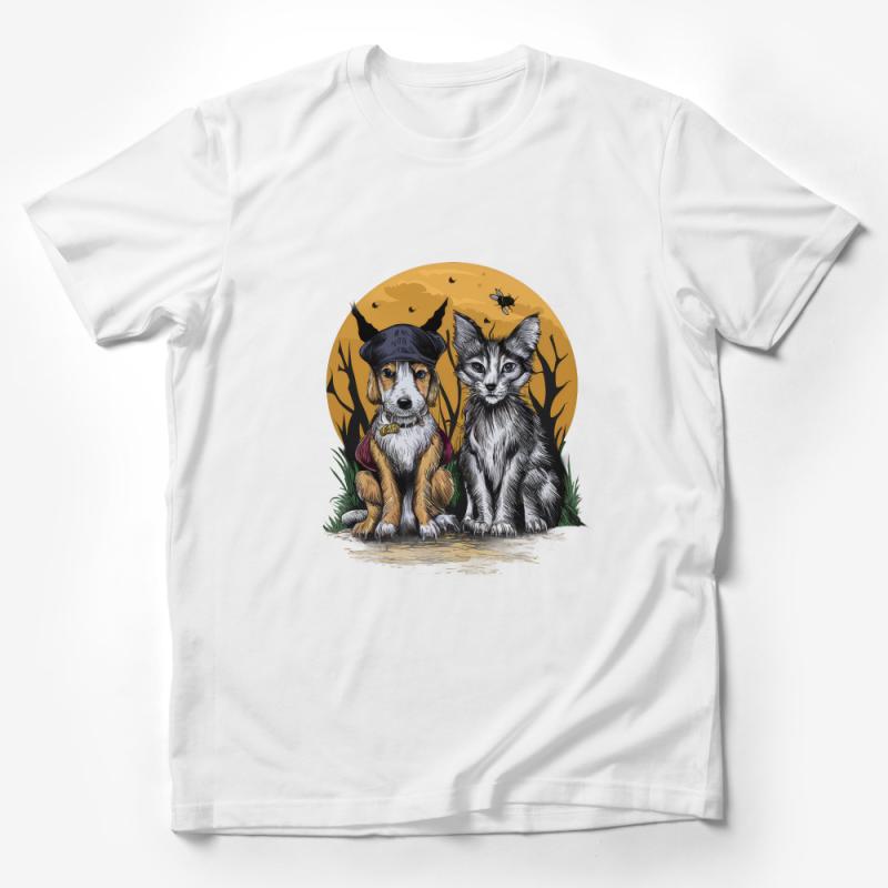 Unisex Animal Detective T-Shirt, Whimsical Cat and Dog Duo, Illustrated Tee, Pet Lovers Gift, Unique Graphic Shirt, Casual Wear Male T-Shirt