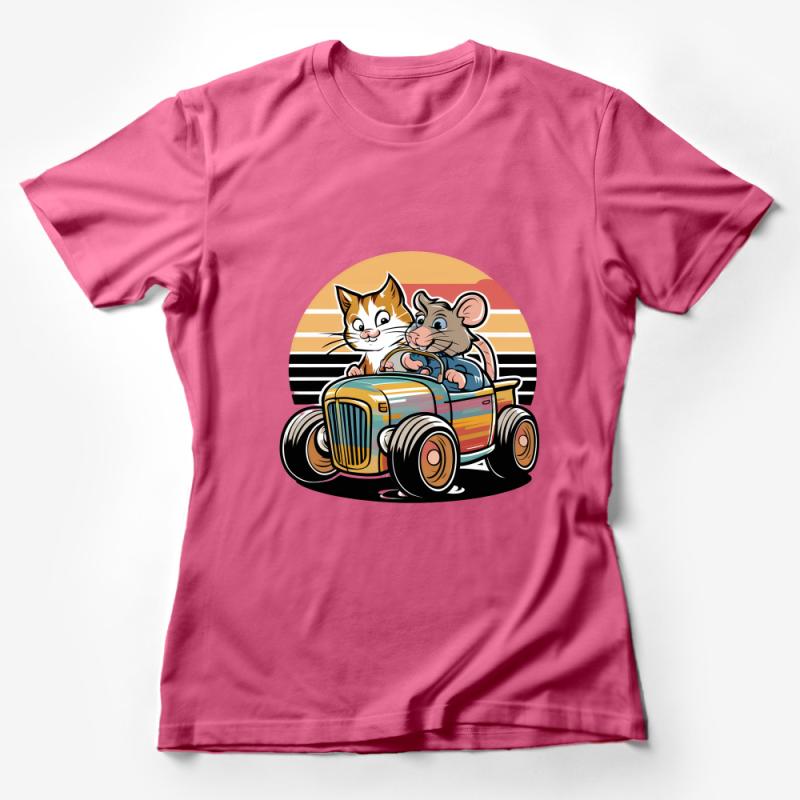 Cat and Mouse Friends Graphic Tee, Fun Vintage-Style T-Shirt, Unisex Cartoon Top, Retro Car Illustration Shirt, Animal Art Tee Female T-Shirt