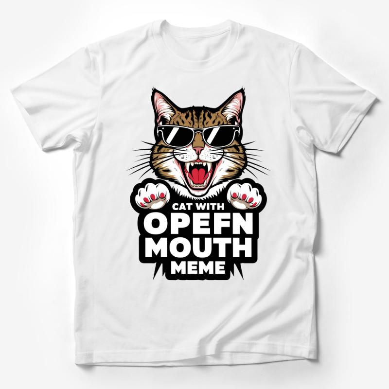 Cool Cat Meme T-Shirt, Funny Open Mouth Cat with Sunglasses Tee, Unisex Cat Lover Graphic Shirt, Casual Streetwear, Animal Humor Top Male T-Shirt