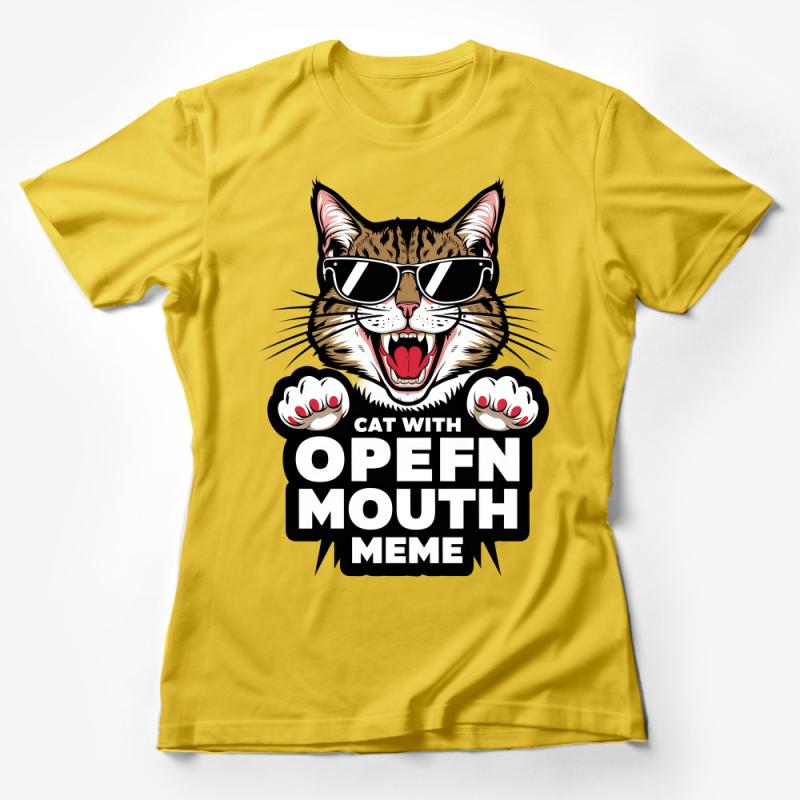 Cool Cat Meme T-Shirt, Funny Open Mouth Cat with Sunglasses Tee, Unisex Cat Lover Graphic Shirt, Casual Streetwear, Animal Humor Top Female T-Shirt