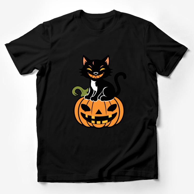 Black Cat and Pumpkin Halloween T-Shirt, Cute Autumn Holiday Graphic Tee, Spooky Witch's Familiar Shirt for All Ages Male T-Shirt