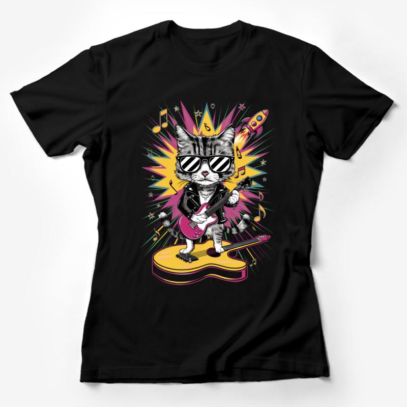 Cool Cat Guitarist T-Shirt, Rock Music Kitty Tee, Unisex Animal Band Shirt, Cartoon Cat Lover Gift, Trendy Graphic Tee Female T-Shirt