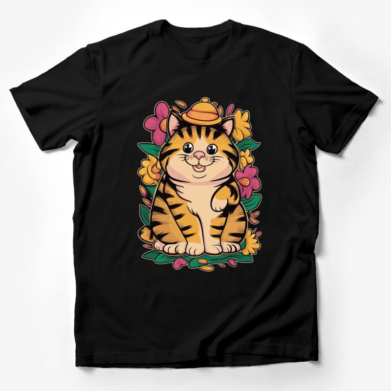 Cute Tiger Cat T-Shirt, Floral Cat Illustration Tee, Whimsical Animal Shirt, Unisex Graphic Tee, Gift for Cat Lovers, Fun Pet Design Top Male T-Shirt